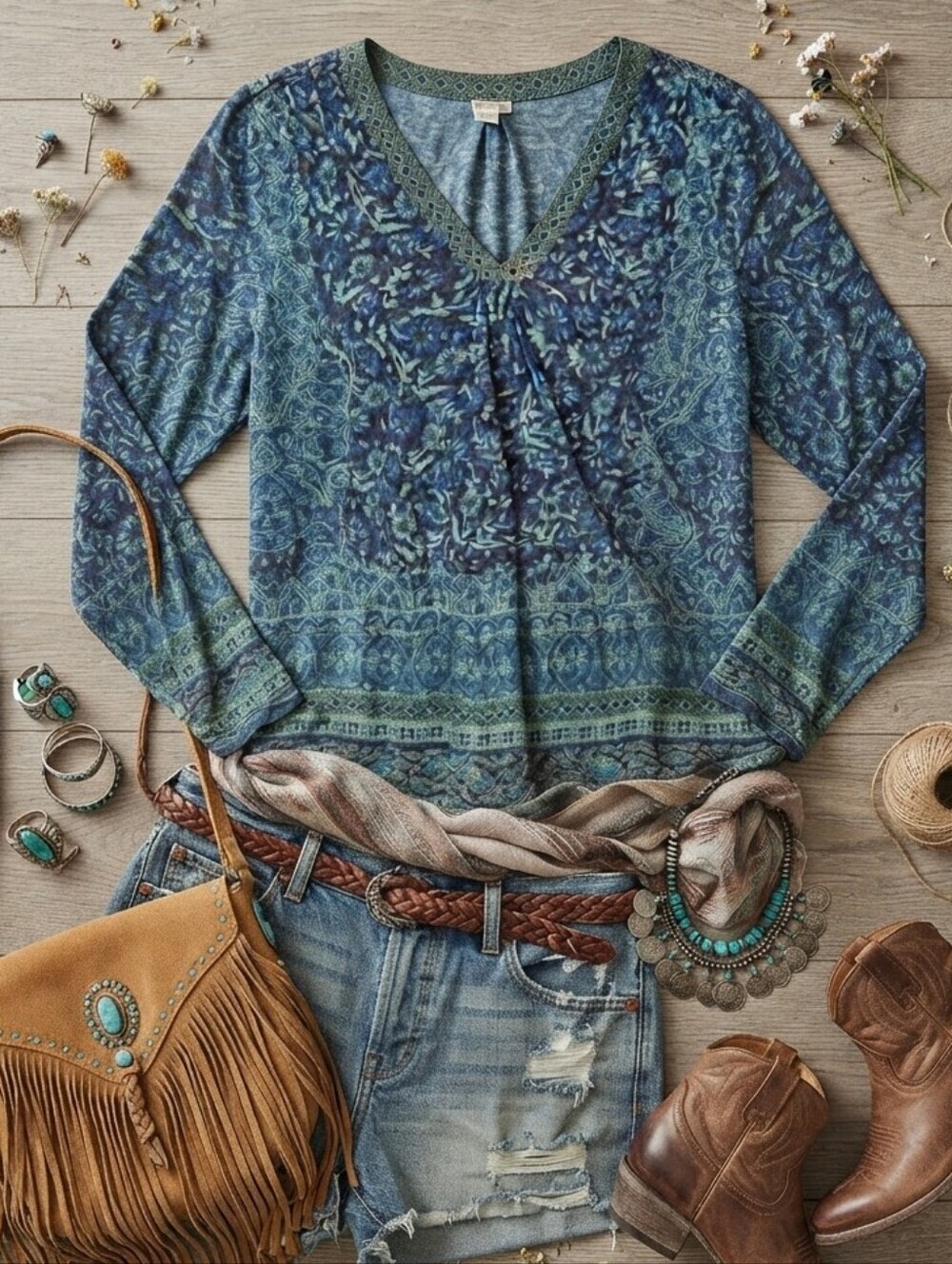 Lucky Brand Blue Green Floral Botanical Print Long Sleeve Vneck Blouse Top